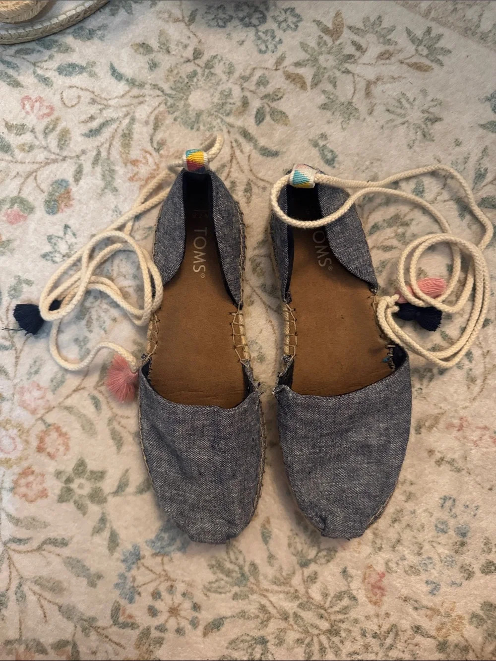 Toms Women's Chambray Lace-Up Espadrilles - Denim Blue with Pom Tassels